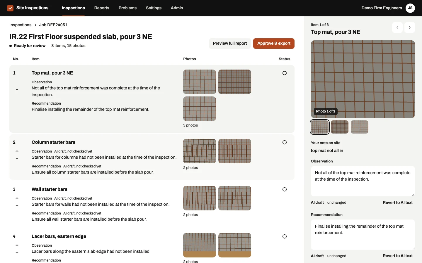 The desk review screen: an inspection's numbered items, each with its photos, observation, recommendation and status